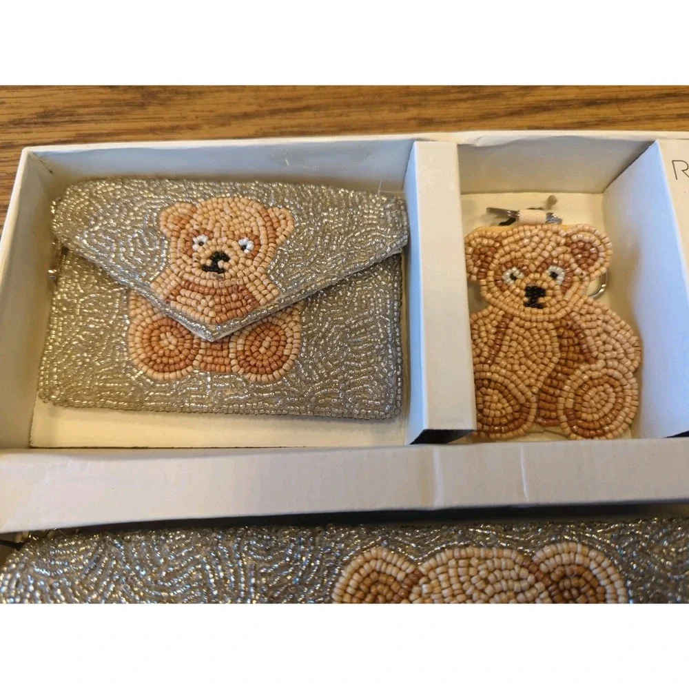 NEW Rachel Zoe Teddy Bear Beaded Clutch Wallet and Key Chain 3-Piece Set Ret $98